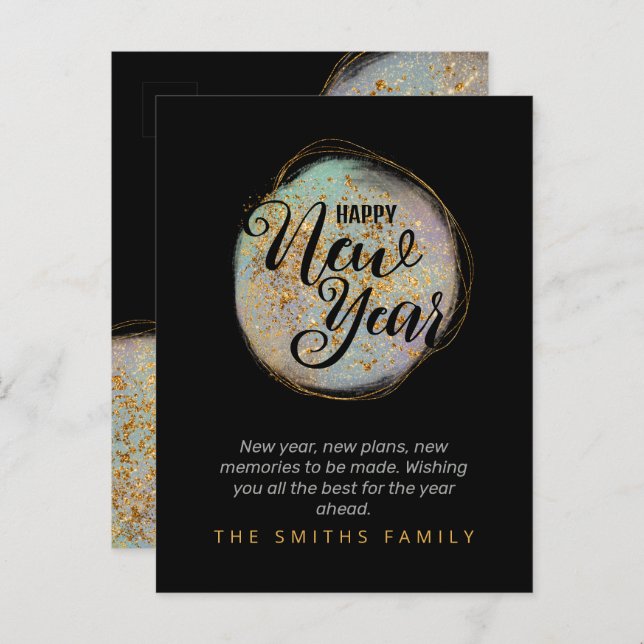 Black Gold Glitter New Year Postcard (Front/Back)