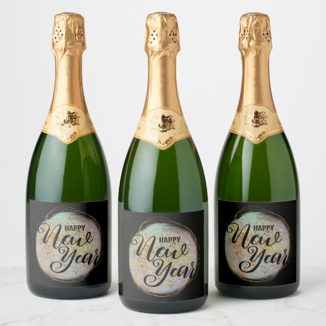 Black Gold Glitter New Year Sparkling Wine Label (Bottles)