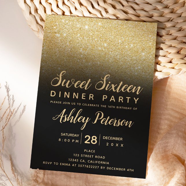 Black gold glitter ombre typography Sweet 16 Invitation (Creator Uploaded)