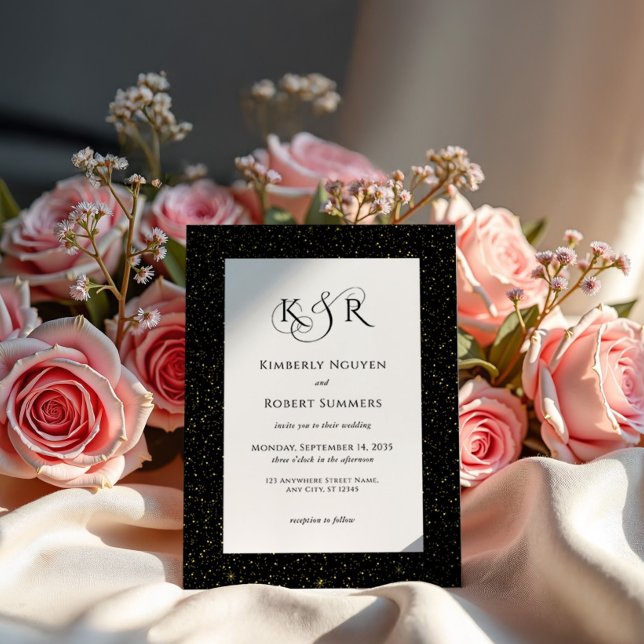 Black Gold Glitter Personalised Wedding Monogram Invitation (Creator Uploaded)