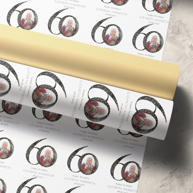 Black Gold Glitter Photo 60th Birthday Wrapping Paper (Creator Uploaded)