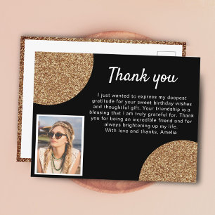 Black Gold Glitter Photo Birthday Thank you Postcard