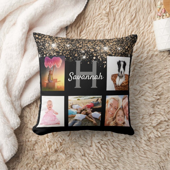 Black gold glitter photo collage monogram name cushion (Blanket)