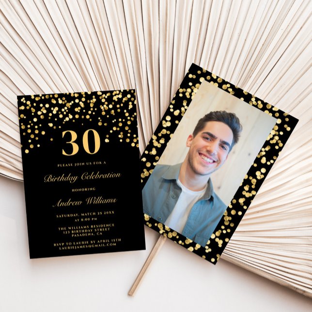Black & Gold Glitter Photo Thirty 30th Birthday Invitation (Creator Uploaded)