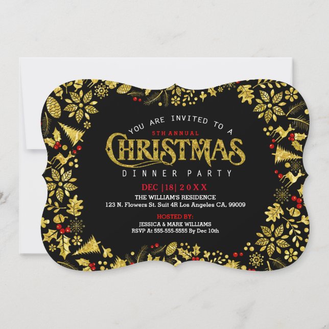 Black & Gold Glitter Print Christmas Wreath Invitation (Back)