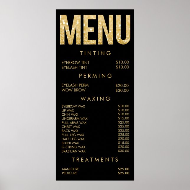 Black & Gold Glitter Salon Menu Wall Poster (Front)