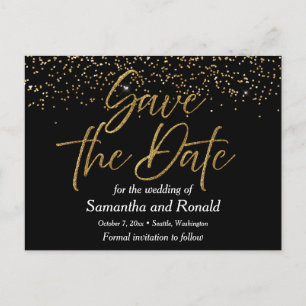 Black & Gold Glitter Save The Date Wedding Announcement Postcard
