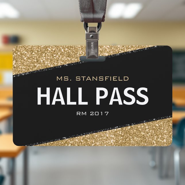 Black & Gold Glitter School Teacher Hall Pass ID Badge (Black & Gold Glitter School Teacher Hall Pass Badge
)