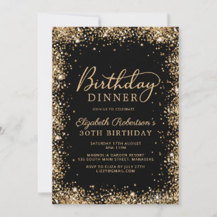 Black Gold Glitter Script 30th Birthday Dinner Invitation