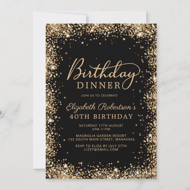 Black Gold Glitter Script 40th Birthday Dinner Invitation (Front)