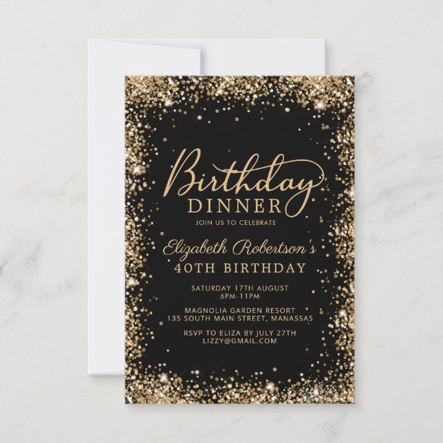 Black Gold Glitter Script 40th Birthday Dinner Invitation (Front)
