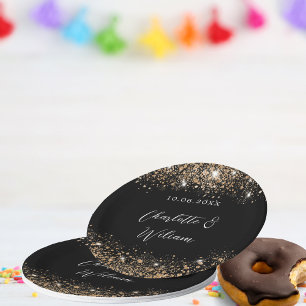 Black gold glitter script wedding paper plate