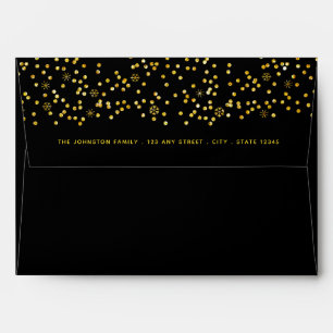 Black gold glitter snowflake dots custom address envelope
