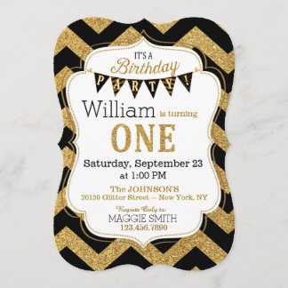 Black Gold Glitter Sparkle First Birthday Invite