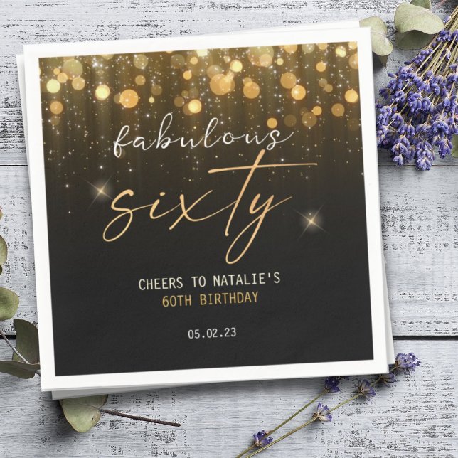 Black Gold Glitter Sparkle Glam 60th Birthday Napkin (Creator Uploaded)