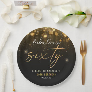 Black Gold Glitter Sparkle Glam 60th Birthday Paper Plate