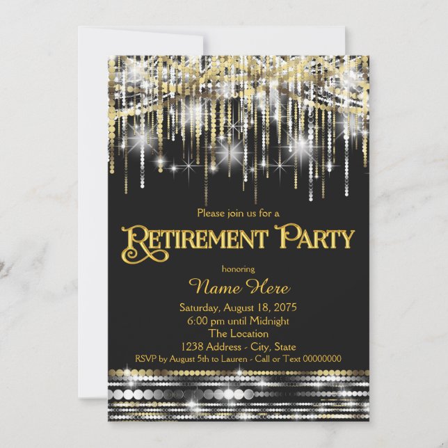 Black Gold Glitter Sparkle Lights Retirement Party Invitation (Front)