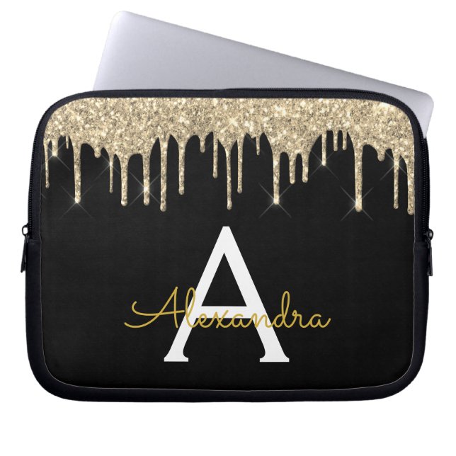 Black Gold Glitter Sparkle Monogram Laptop Sleeve (Front)
