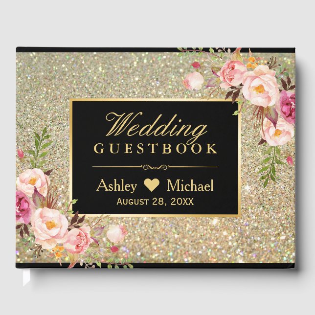 Black Gold Glitter Sparkles Floral Wedding Guest Book (Front)