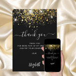 Black gold glitter sparkles script thank you card<br><div class="desc">A black background,  decorated faux gold glitter,  sparkles. Large hand lettered script and the text: Thank You.  Personalise and add your thank you note and name. 
White text.</div>