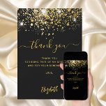 Black gold glitter sparkles thank you card<br><div class="desc">A black background,  decorated faux gold glitter,  sparkles. Large hand lettered script and the text: Thank You.  Personalise and add your thank you note and name.</div>