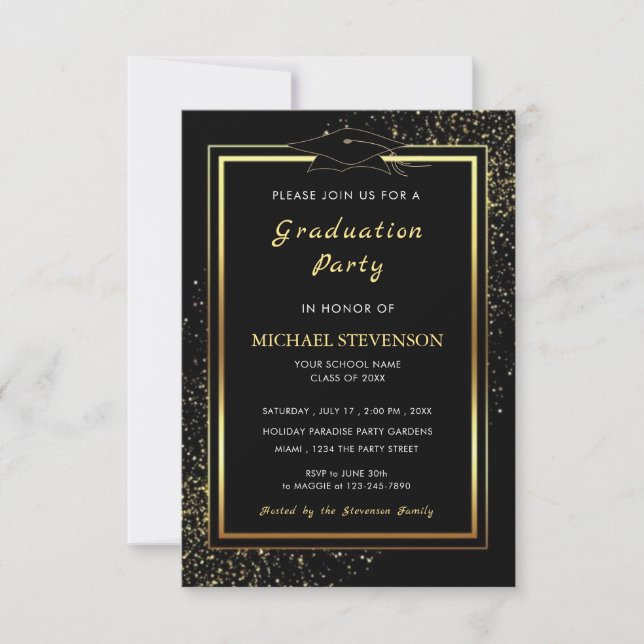 Black Gold Glitter Sparkly Graduation Invitation (Front)