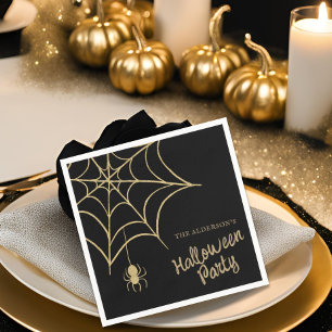Black & Gold Glitter Spiderweb Halloween Party Napkin