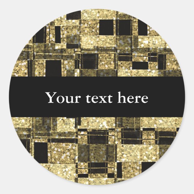 Black & Gold Glitter Squares Chic Favour Sticker (Front)