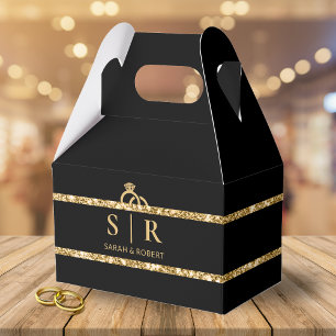 Black & Gold Glitter Strip Diamond Ring Wedding Favour Box