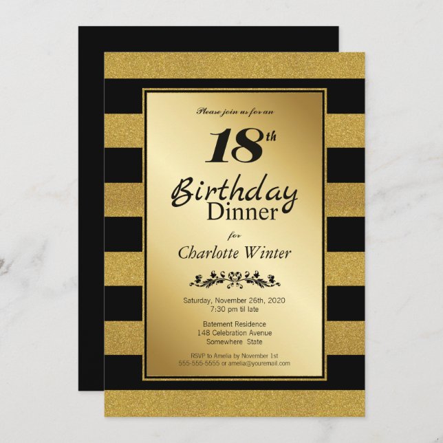 Black & Gold Glitter Striped 18th Birthday Dinner Invitation (Front/Back)