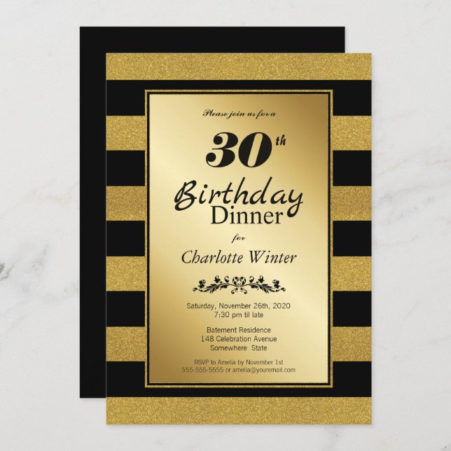 Black & Gold Glitter Striped 30th Birthday Dinner Invitation (Front/Back)