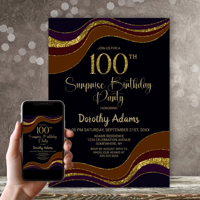 Black Gold Glitter Surprise 100th Birthday Party Invitation (Creator Uploaded)