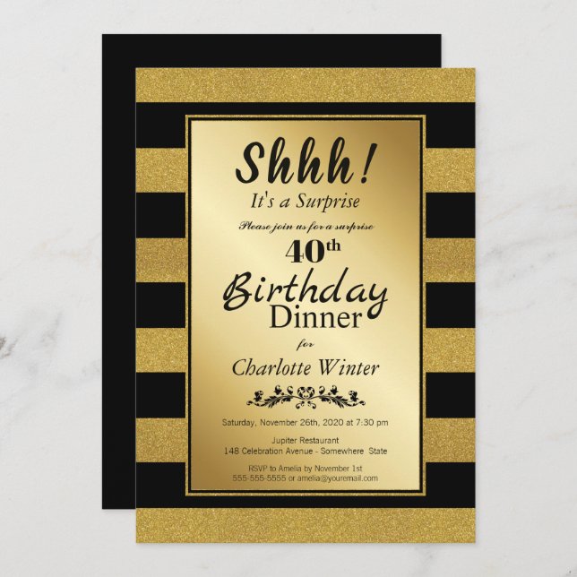 Black & Gold Glitter Surprise 40th Birthday Dinner Invitation (Front/Back)