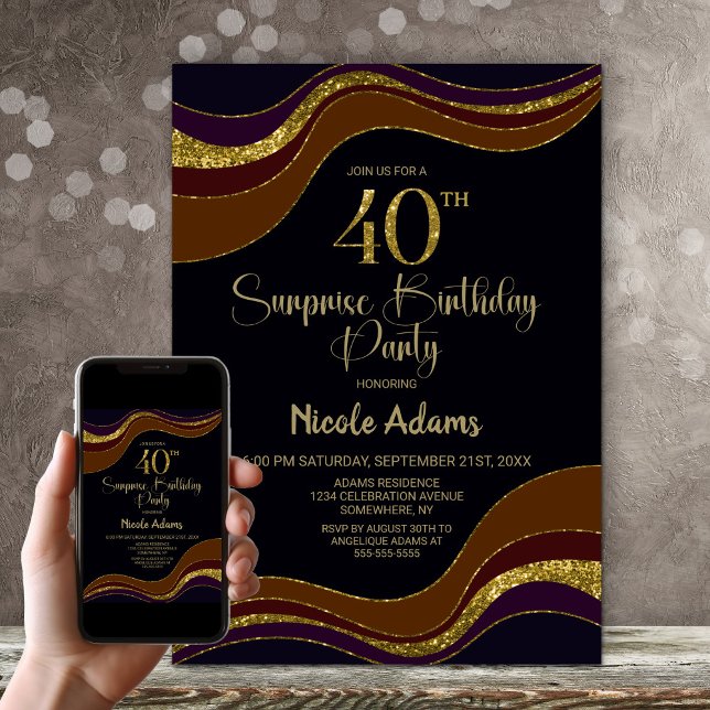 Black Gold Glitter Surprise 40th Birthday Party Invitation (Creator Uploaded)