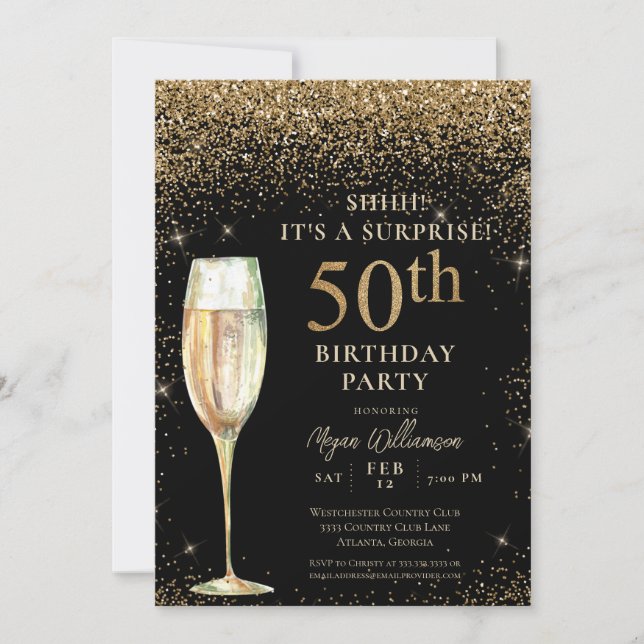 Black Gold Glitter Surprise 50th Birthday Party Invitation (Front)
