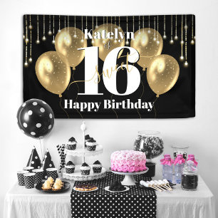 Black Gold Glitter Sweet 16 Birthday Balloons Bold Banner