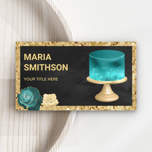 Black Gold Glitter Teal Galaxy Cake Bakery Business Card (Creator Uploaded)