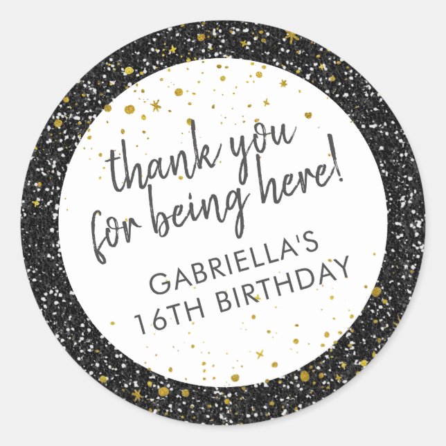 Black Gold Glitter Thank You Birthday Favour Classic Round Sticker (Front)