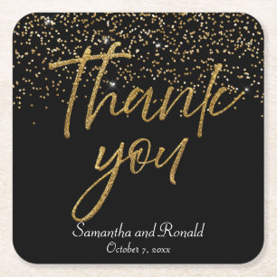 Black & Gold Glitter Thank You Wedding Square Paper Coaster
