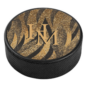 Black Gold Glitter Tiger Pattern Initials Hockey Puck