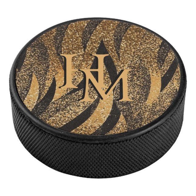 Black Gold Glitter Tiger Pattern Initials Hockey Puck (3/4)