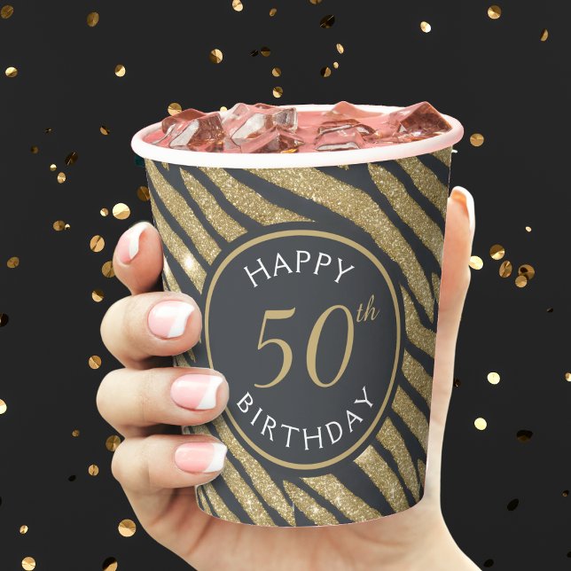 Black & Gold Glitter Tiger Stripe 50th Birthday Paper Cups (black and gold glitter zebra / tiger stripe 50th birthday party paper cup)