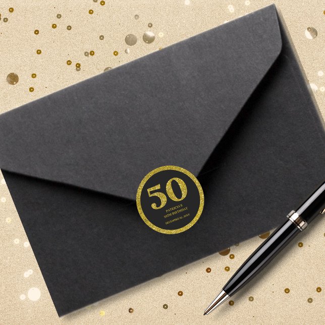 Black Gold Glitter Typography 50th Birthday Party  Classic Round Sticker (Black Gold Glitter Typography 50th Birthday Party Stickers)