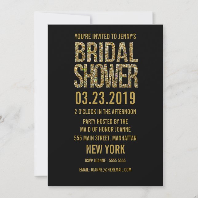 Black Gold Glitter Typography Bridal Shower Invite (Front)