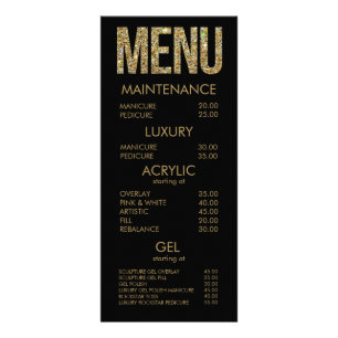 Black & Gold Glitter Typography Salon Menu Cards