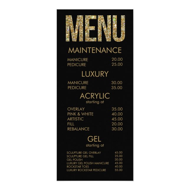 Black & Gold Glitter Typography Salon Menu Cards (Front)