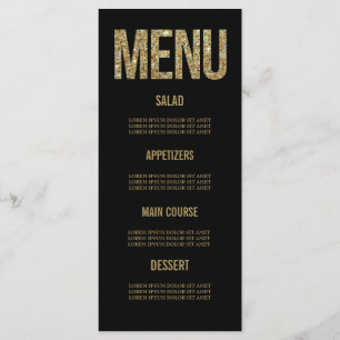 Black & Gold Glitter Typography Wedding Menu Cards