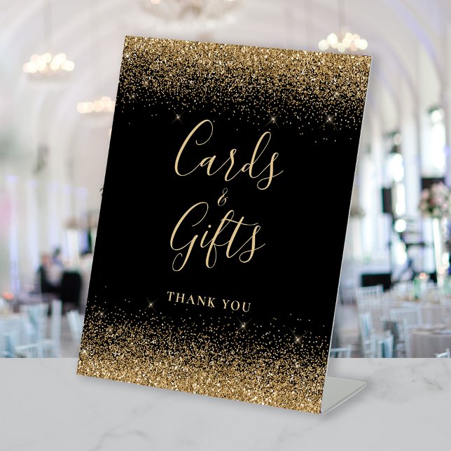 Black Gold Glitter Wedding Cards and Gifts Pedestal Sign (Creator Uploaded)