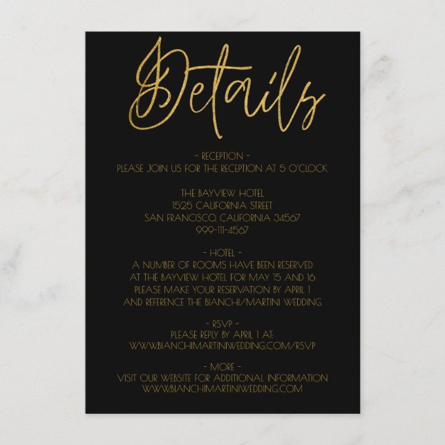 Black & Gold Glitter Wedding Details Enclosure (Front)