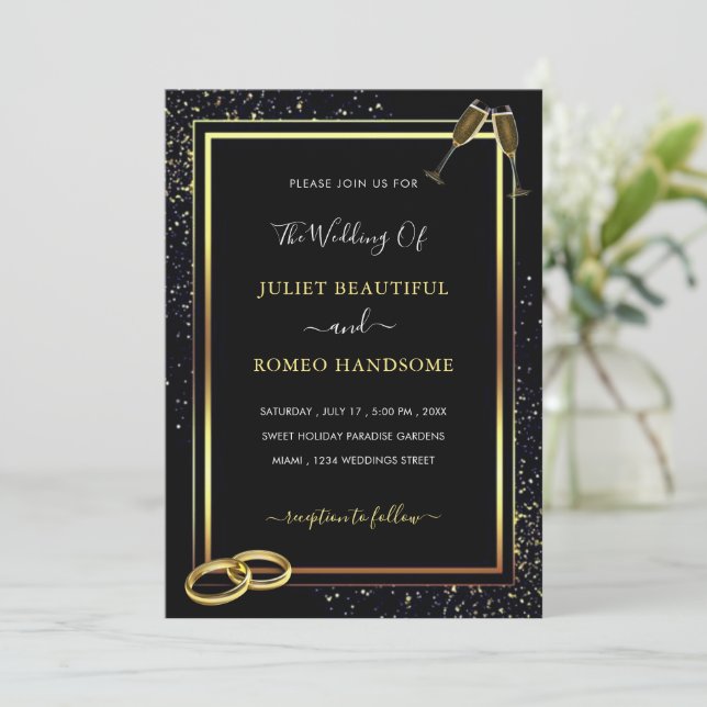 Black Gold Glitter Wedding Invitation Template (Standing Front)